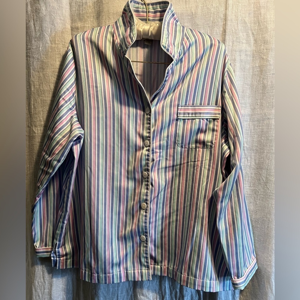 Appleseeds PJ’s. 2 piece. Size large. Blues and pinks. Button up. Stripes.